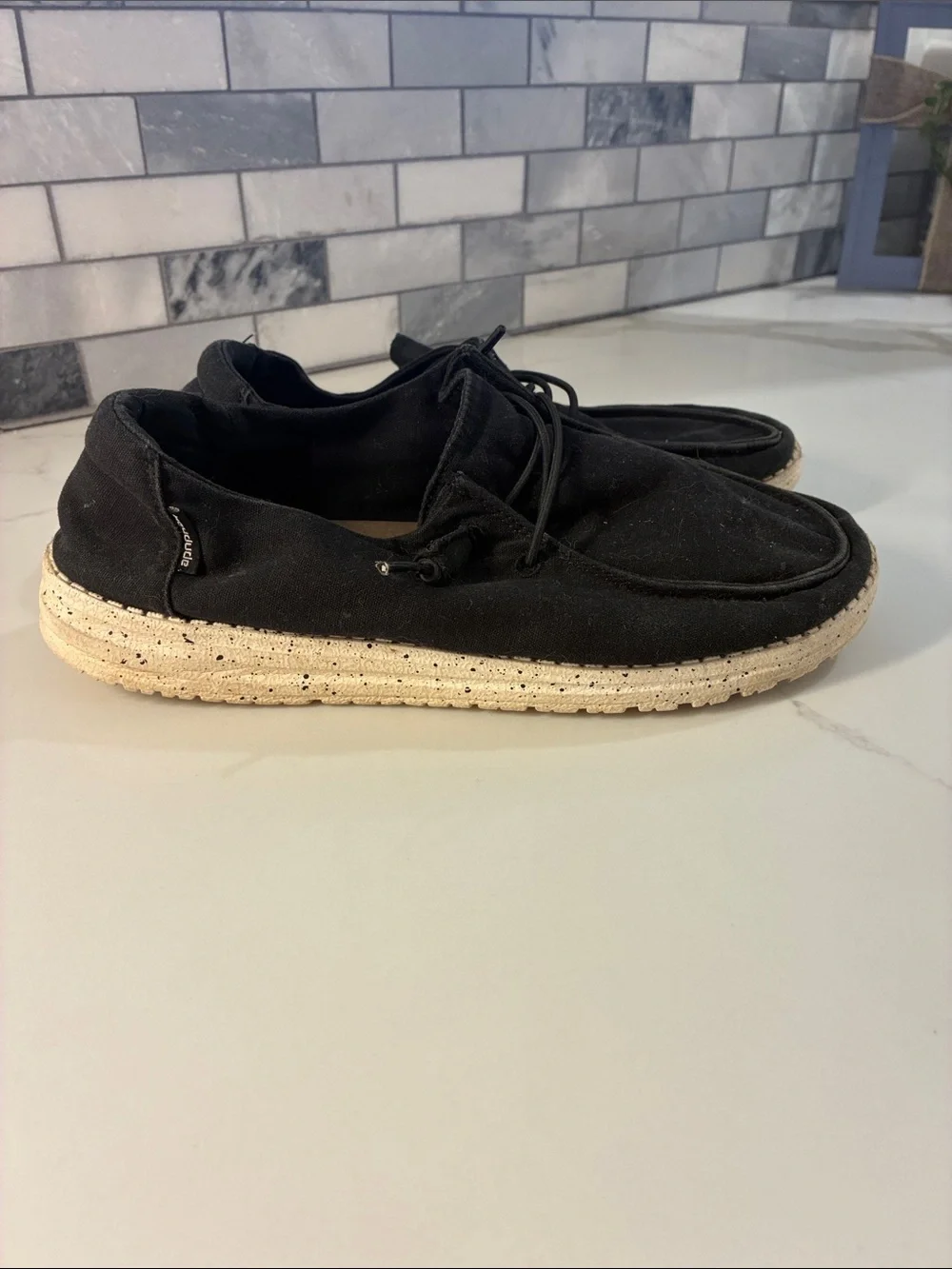 Hey Dude Women's Black Canvas Lace-Up Loafers with Cream Sole